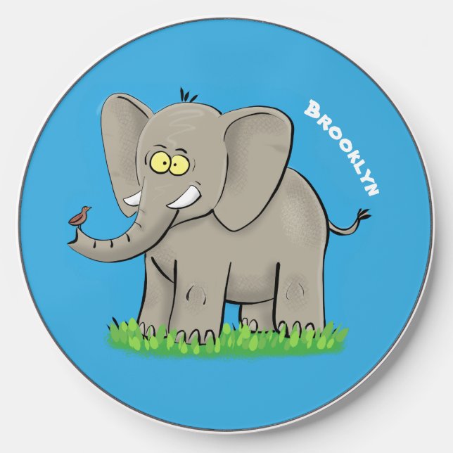 Cute funny elephant with bird on trunk cartoon wireless charger  (Front)