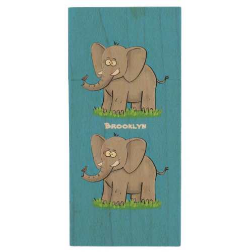 Cute funny elephant with bird on trunk cartoon wood flash drive