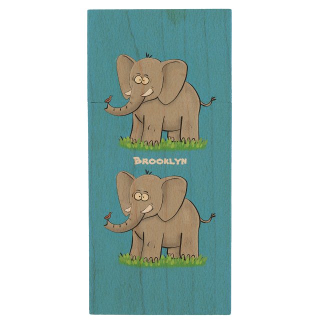 Cute funny elephant with bird on trunk cartoon wood flash drive (Front Vertical)