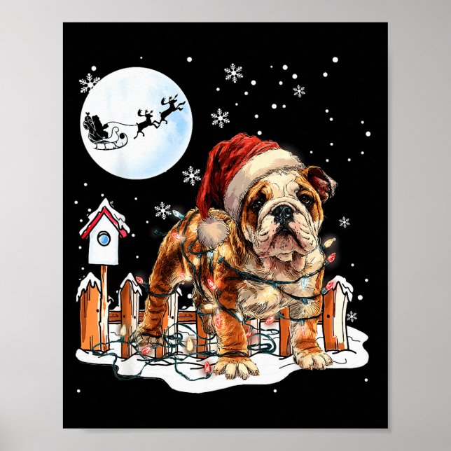 Cute Funny English Bulldog Christmas Lights Santa  Poster (Front)