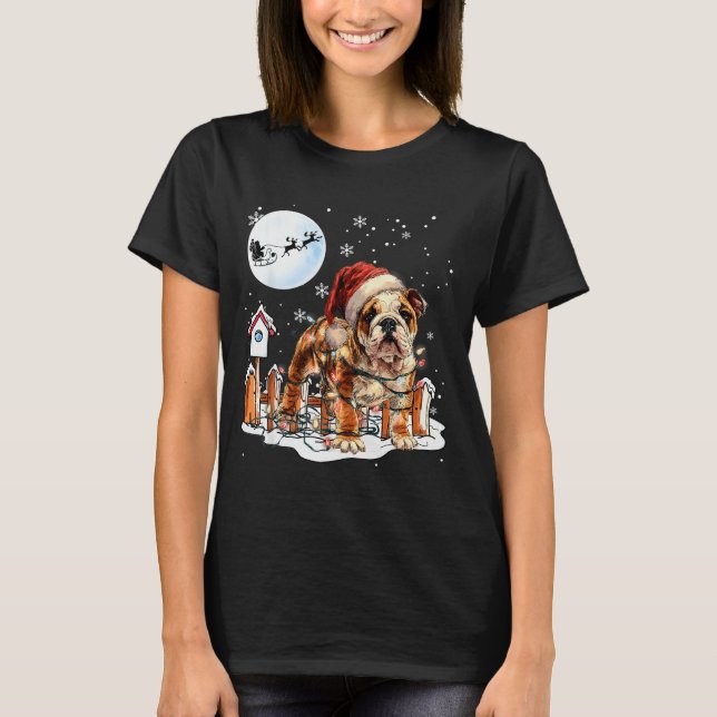 Cute Funny English Bulldog Christmas Lights Santa  T-Shirt (Front)