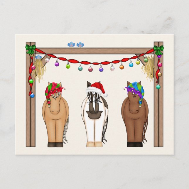 Cute Funny Farm Holiday Horses Christmas Postcard (Front)