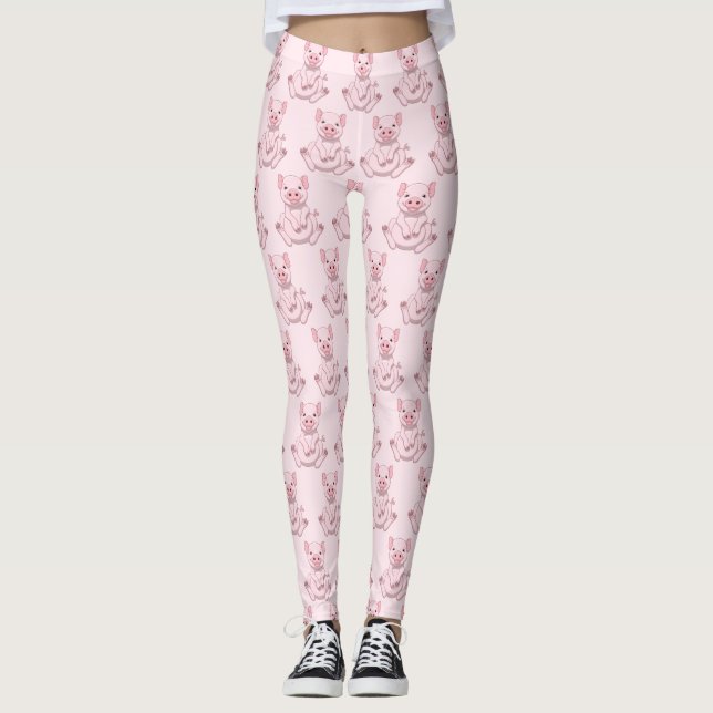 Cute Funny Fat Pink Pot Belly Pig Leggings (Front)