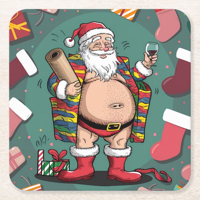 Cute funny father christmas square paper coaster (Front)