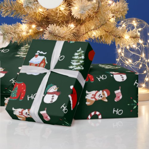 Cute Funny Festive Christmas tree snowman and Dog Wrapping Paper