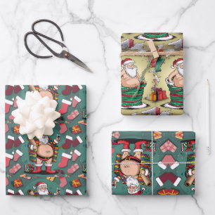 Cute funny festive father Christmas cartoons Wrapping Paper Sheets