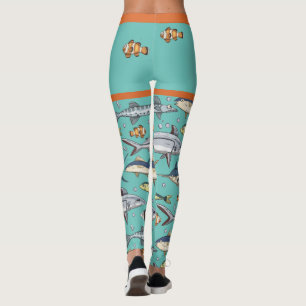 Cute Funny Fish Swimming Beach Mural Aquarium Leggings