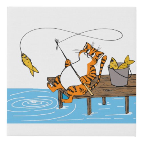 Cute Funny Fishing Cat Faux Canvas Print