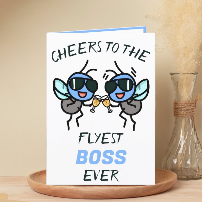 Cute Funny Fly Pun Cheers to Dad Happy Birthday Thank You Card (funny cheers to the flyest boss birthday card with 2 flies wearing sunglasses giving a toast)