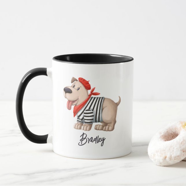 Cute Funny French Dog Personalized Name Mug (With Donut)