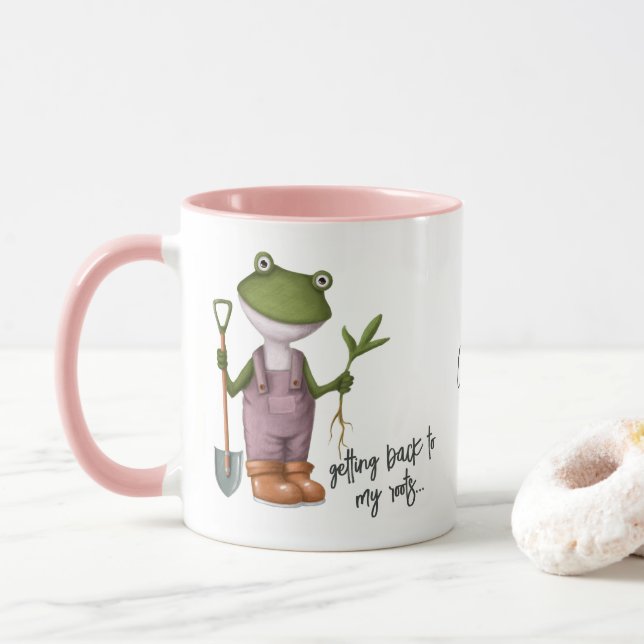 Cute Funny Frog Gardening Personalized Name Mug (With Donut)