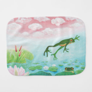 Cute Funny Frog Jumps Into The Pond Baby Burp Cloth