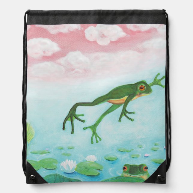 Cute Funny Frog Jumps Into The Pond  Drawstring Bag (Front)