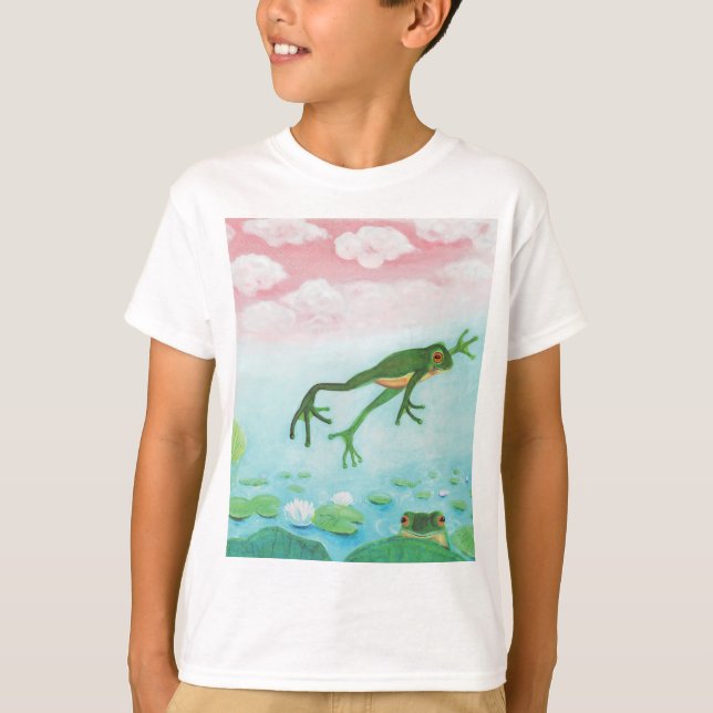 Cute Funny Frog Jumps Into The Pond T-Shirt (Front)