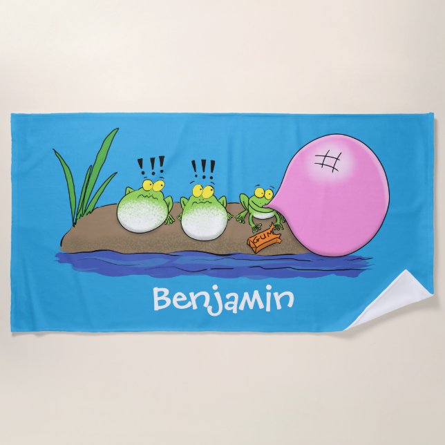 Cute funny frogs bubblegum cartoon illustration beach towel (Front)