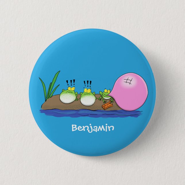 Cute funny frogs bubblegum cartoon illustration button (Front)
