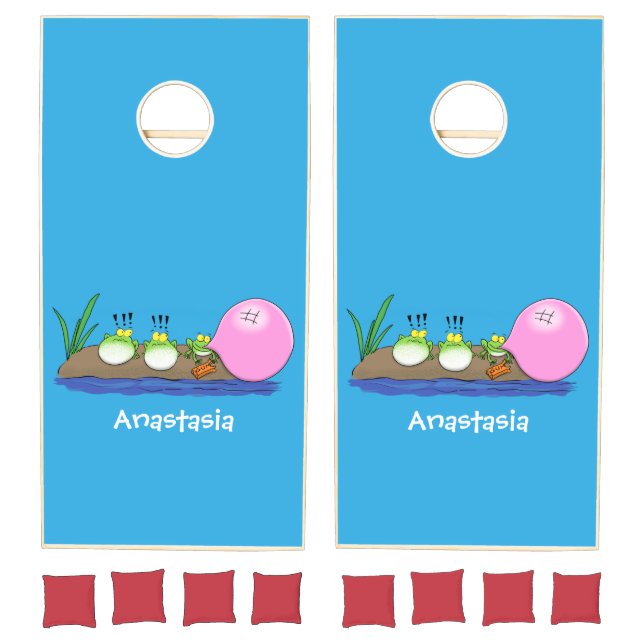 Cute funny frogs bubblegum cartoon illustration cornhole set (Set)