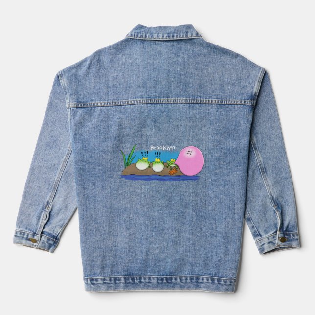 Cute funny frogs bubblegum cartoon illustration denim jacket (Back)