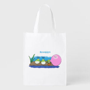Cute funny frogs bubblegum cartoon illustration grocery bag
