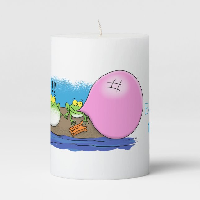 Cute funny frogs bubblegum cartoon illustration pillar candle (Front)