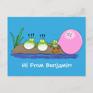 Cute funny frogs bubblegum cartoon illustration postcard