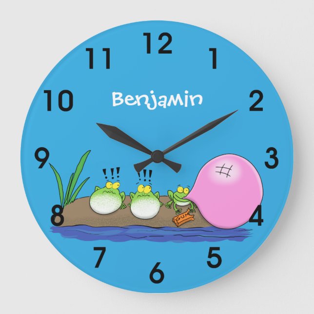 Cute funny frogs bubblegum cartoon illustration ro large clock (Front)