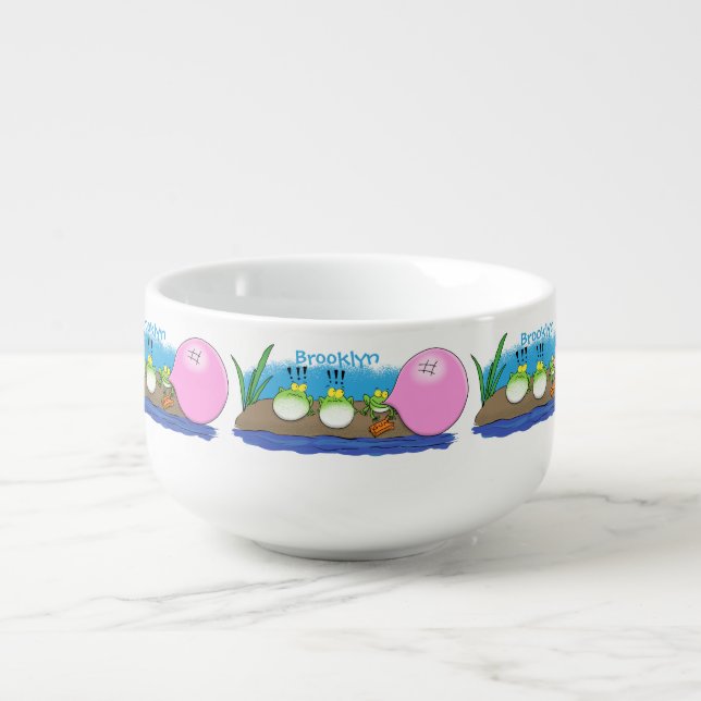 Cute funny frogs bubblegum cartoon illustration soup mug (Front)