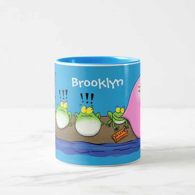 Cute funny frogs bubblegum cartoon illustration Two-Tone coffee mug (Center)