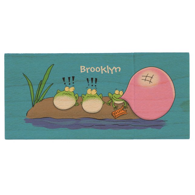Cute funny frogs bubblegum cartoon illustration wood flash drive (Front)