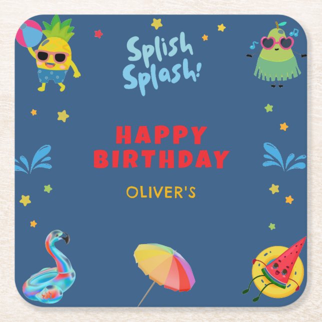Cute Funny Fruits Summer Pool Birthday Party  Square Paper Coaster (Front)