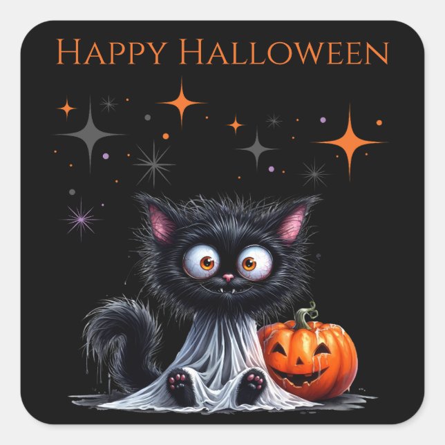 Cute Funny Ghost Black Kitten Halloween  Square Sticker (Front)