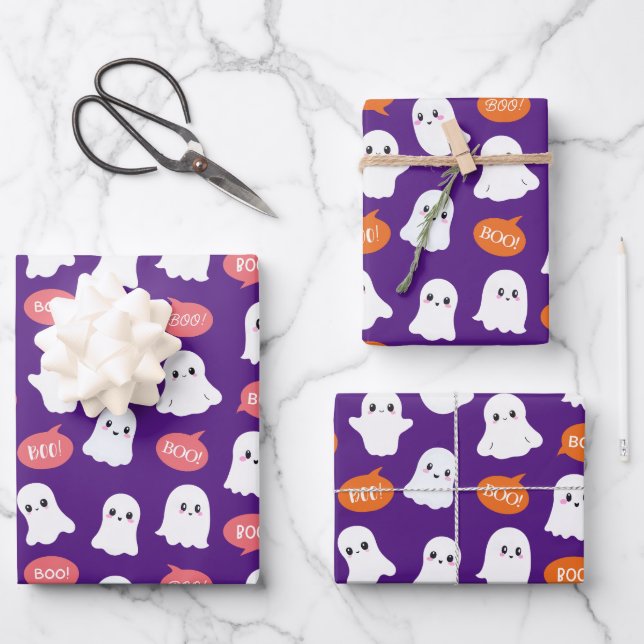 Cute Funny Ghosts Halloween Seamless Pattern Wrapping Paper Sheets (Front)
