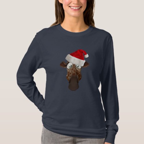 Cute Funny Giraffe in Christmas Santa Hat T_Shirt