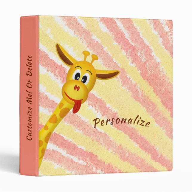 Cute Funny Giraffe Kids Pink Personalized 3 Ring Binder (Front/Spine)