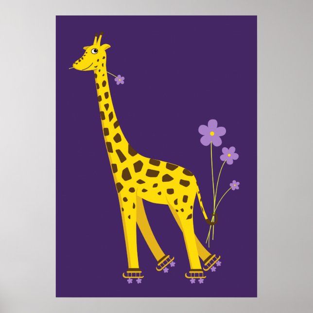 Cute Funny Giraffe Roller Skating Kids Poster (Front)