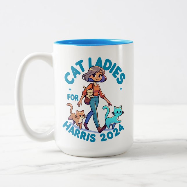 Cute Funny Girly Childless Cat Lady Kamala Harris Two-Tone Coffee Mug (Left)