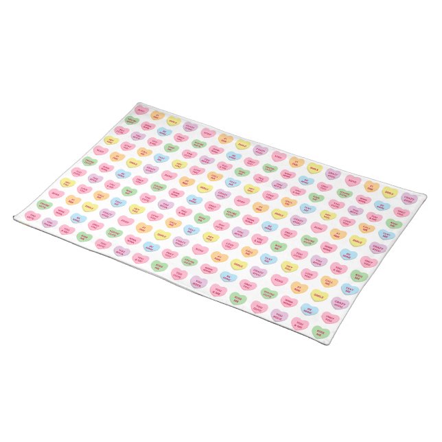 Cute funny girly custom conversation candy hearts cloth placemat (On Table)