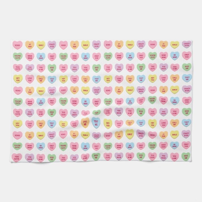 Cute funny girly custom conversation candy hearts kitchen towel (Horizontal)