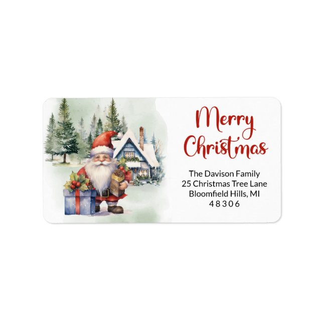 Cute funny gnome in winter village with gifts label (Front)