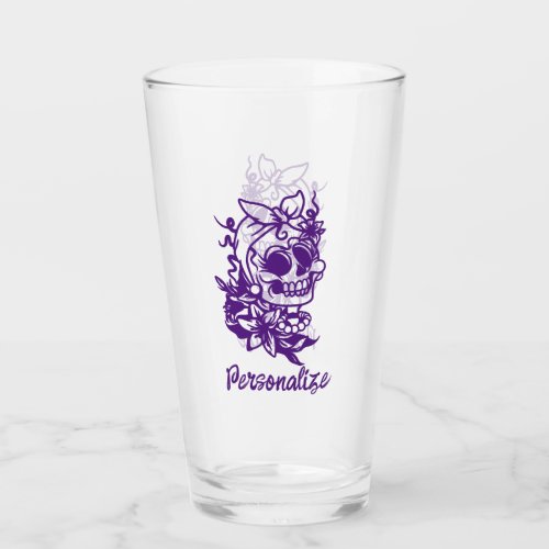 Cute Funny Gothic Skull Flowers Purple Personalize Glass