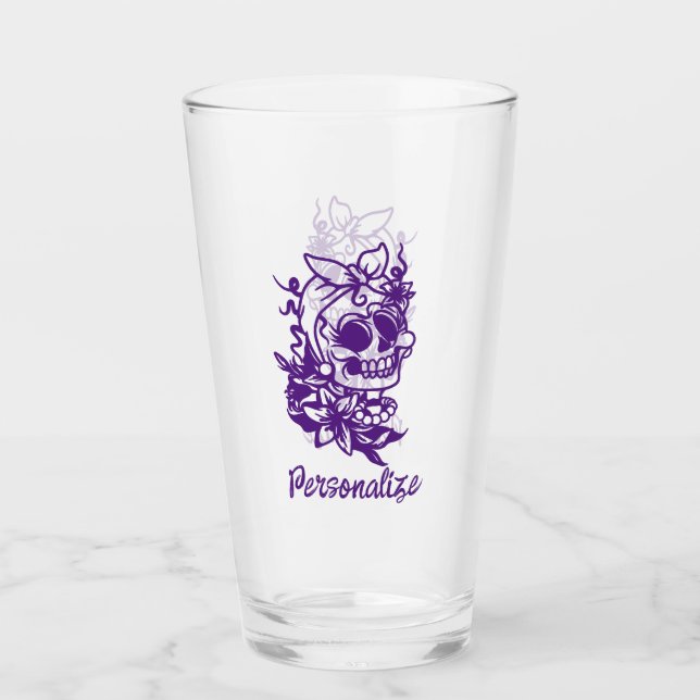 Cute Funny Gothic Skull Flowers Purple Personalize Glass (Front)