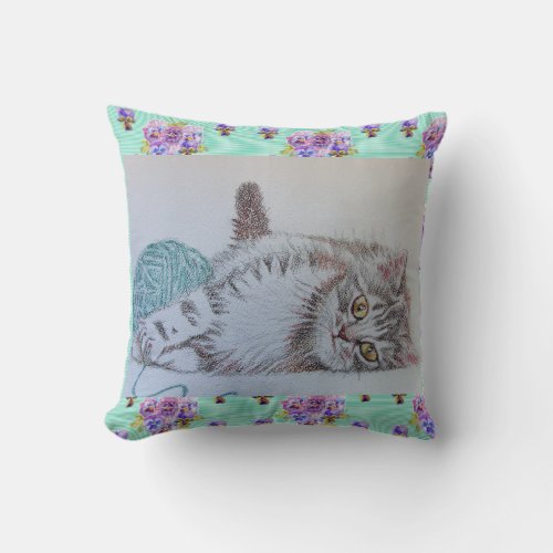 Cute Funny Gray Tabby Cat Kitten with Wool Cushion