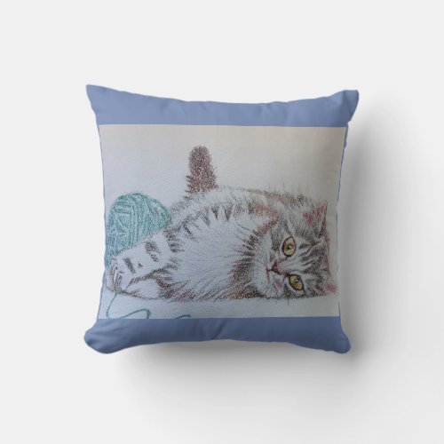 Cute Funny Gray Tabby Cat Kitten with Wool Cushion