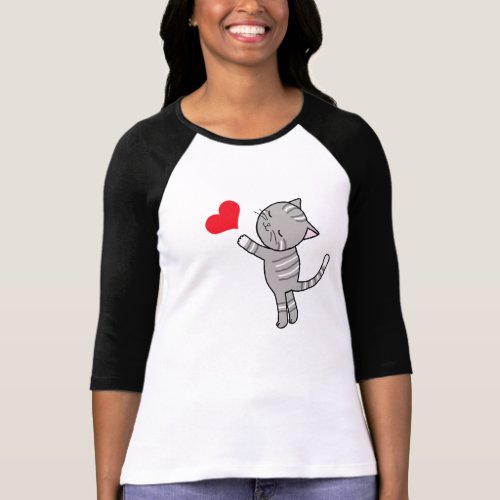 Cute Funny Gray Tabby Cat with Red Heart T_shirt