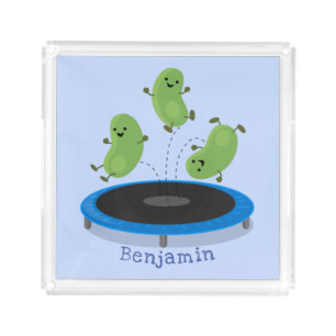 Cute funny green beans on trampoline cartoon acrylic tray