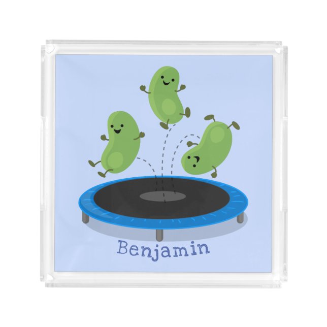 Cute funny green beans on trampoline cartoon acrylic tray (Front)
