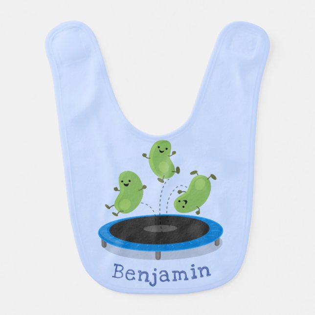 Cute funny green beans on trampoline cartoon baby bib (Front)