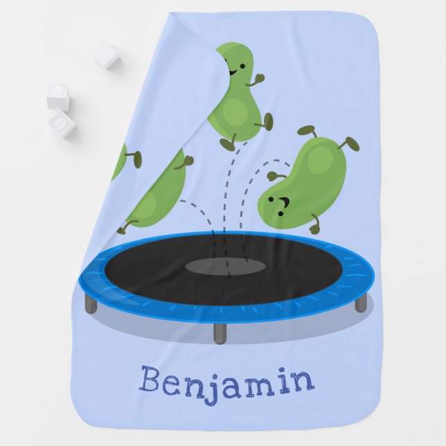 Cute funny green beans on trampoline cartoon baby blanket (In Situ)