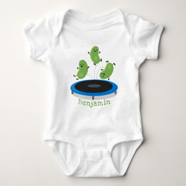 Cute funny green beans on trampoline cartoon baby bodysuit (Front)