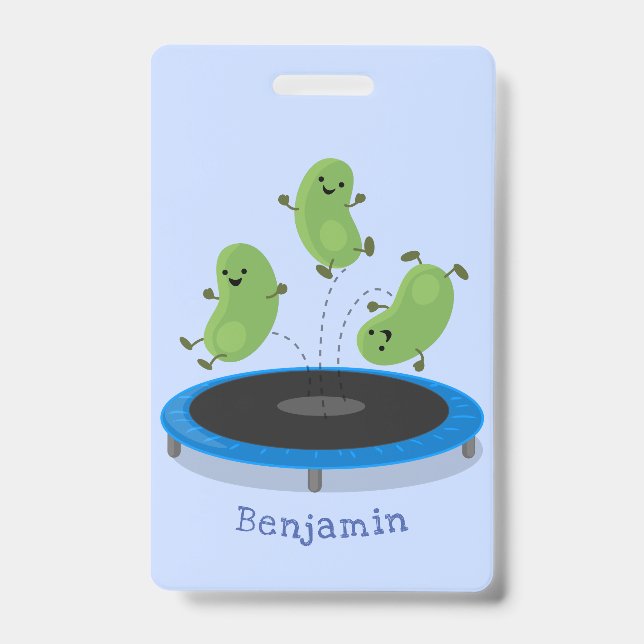 Cute funny green beans on trampoline cartoon badge (Front)